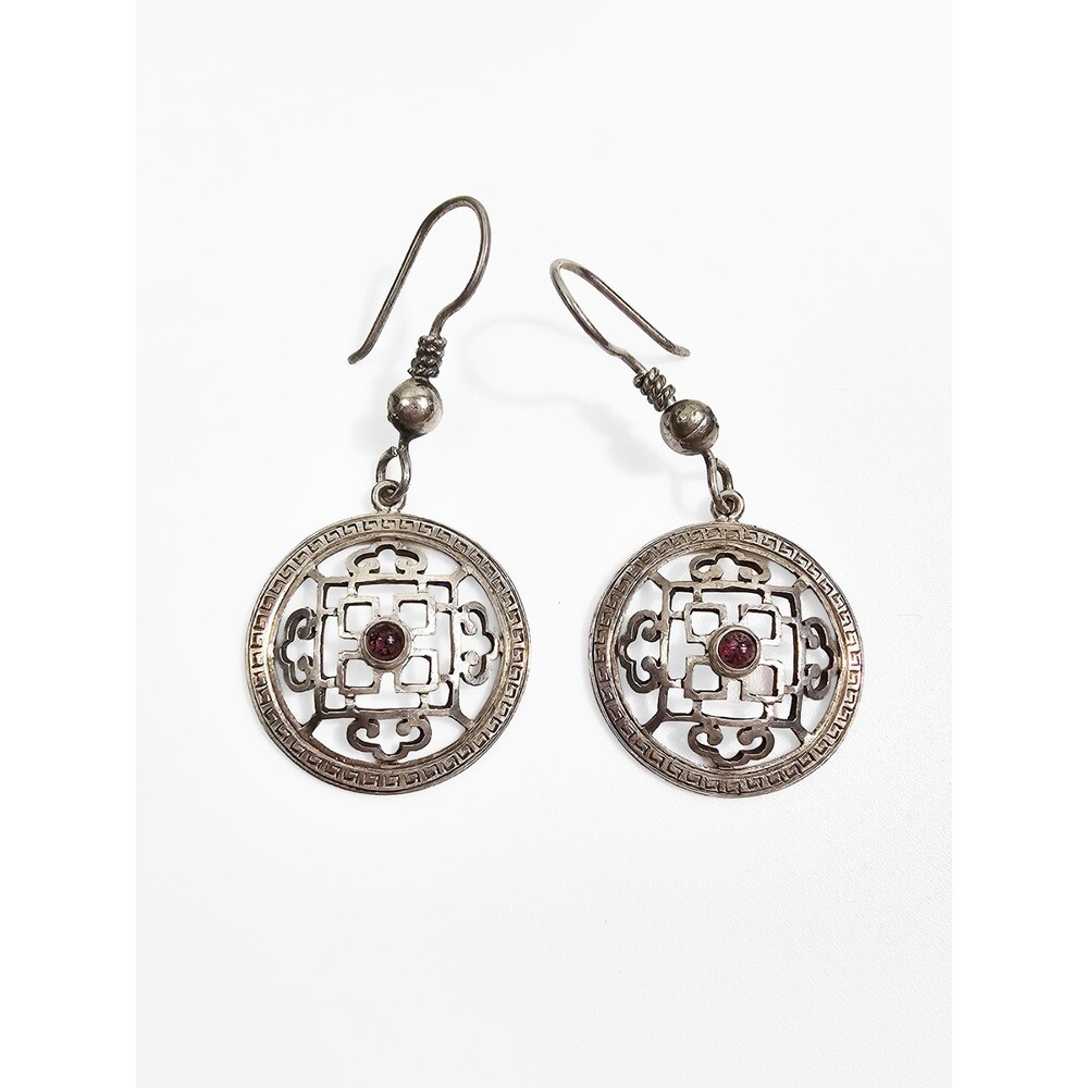 Vintage Sterling Silver Chinese Lattice Drop Earrings with Garnet Stone Center